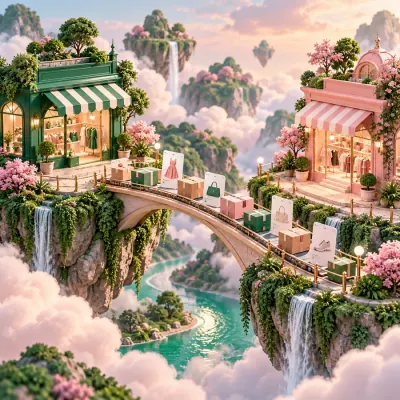 Emerald and pink miniature stores connected by a bridge carrying products and packages
