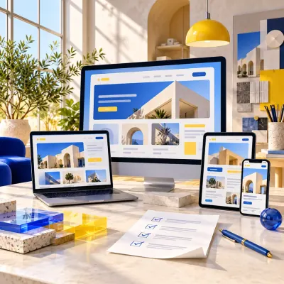 Blue and yellow responsive website panels arranged in an architectural design studio