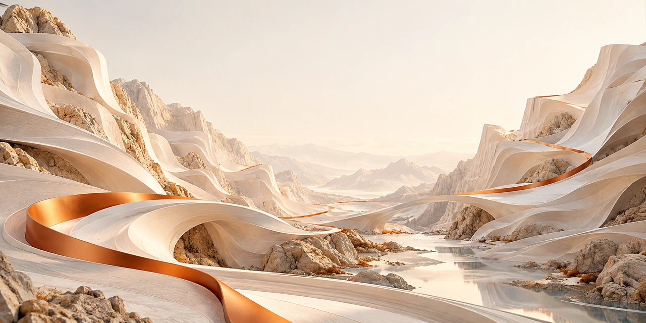 Flowing ceramic valley walls and a copper-orange ribbon connect a sculptural digital landscape.